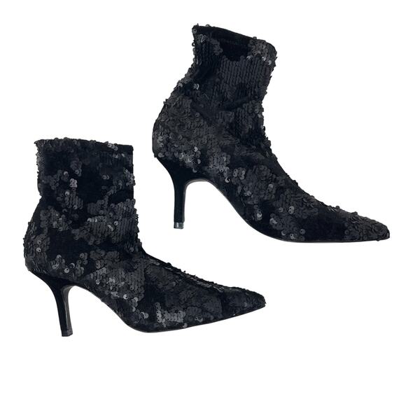 NWT Zara Sequin Velvet Fabric Ankle Boots - Black - Size 37 - Picture 4 of 9